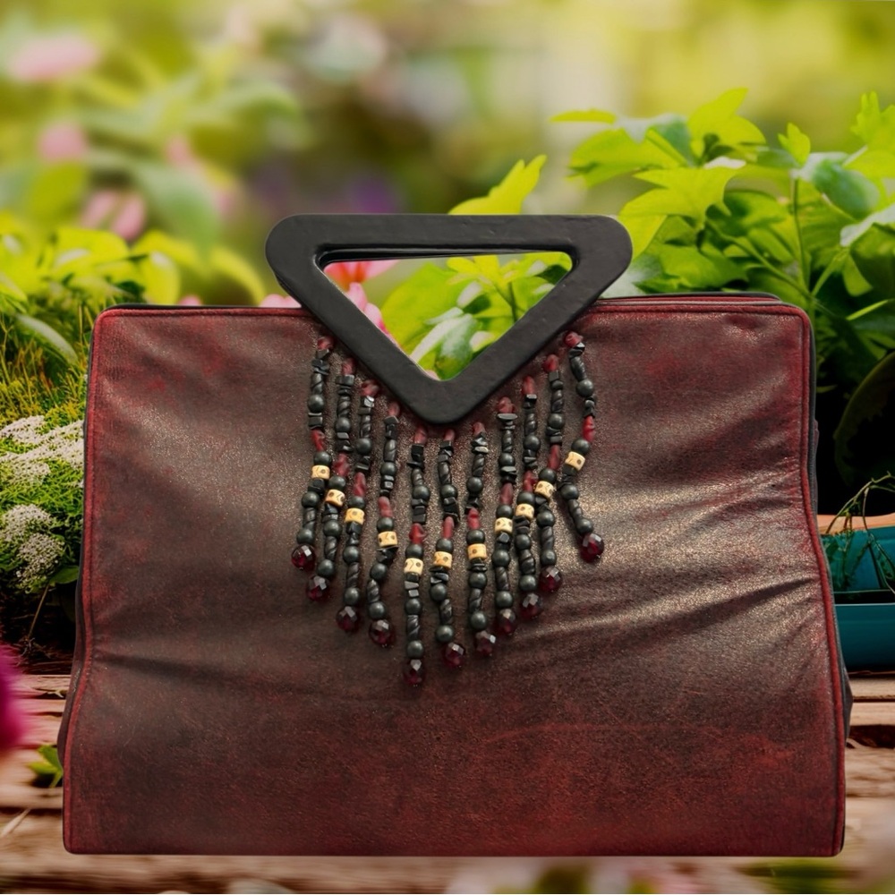 Inge Vintage Chic Burgundy Beaded Clutch Tote Satchel Bag with Black Handles